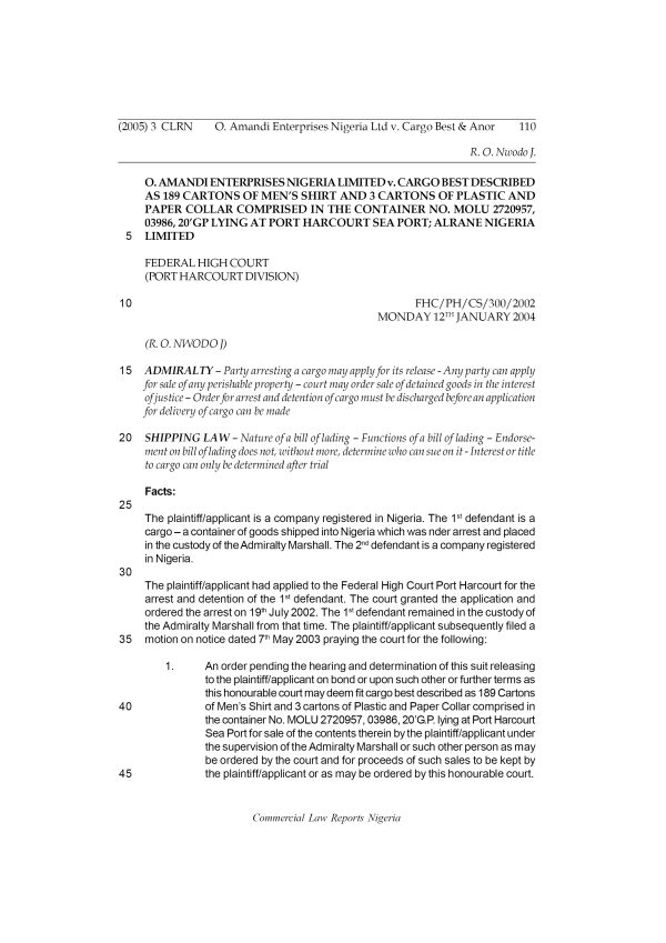 O. Amandi Enterprises Nigeria Ltd v. Cargo Best & Anor