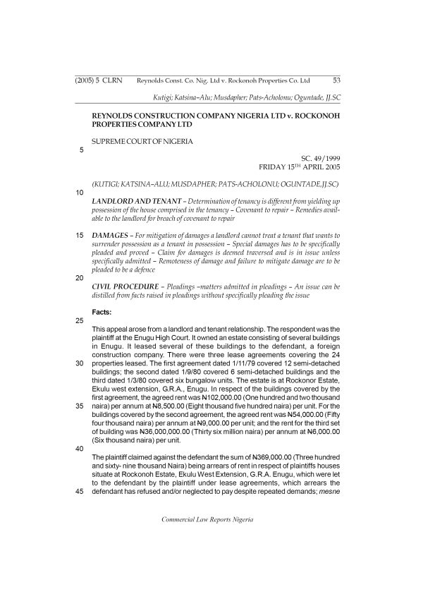 Reynolds Const. Co. Nig. Ltd v. Rockonoh Properties. Co. Ltd