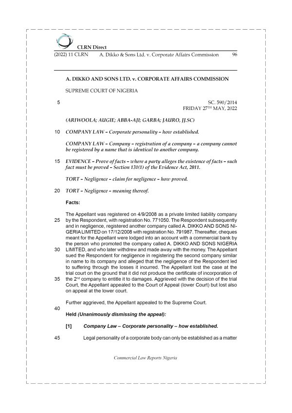A. DIKKO AND SONS LTD. v. CORPORATE AFFAIRS COMMISSION