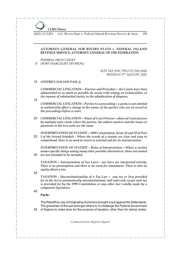 A.G. RIVERS STATE v. FEDERAL INLAND REVENUE SERVICE