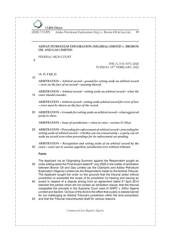 ADDAX PETROLEUM EXPLORATION (NIG.) LTD v. BRORON OIL & GAS LTD.