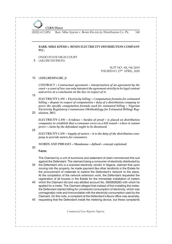 BARR. MIKE KPEMI v. BENIN ELECTRICITY DISTRIBUTION CO. PLC.