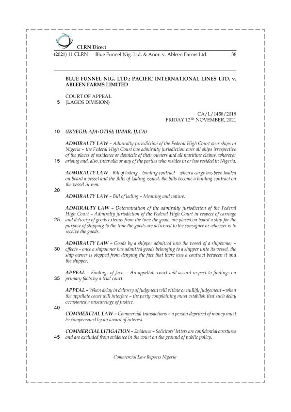 BLUE FUNNEL NIG. LTD. & ANOR. v. ABLEEN FARMS LTD.