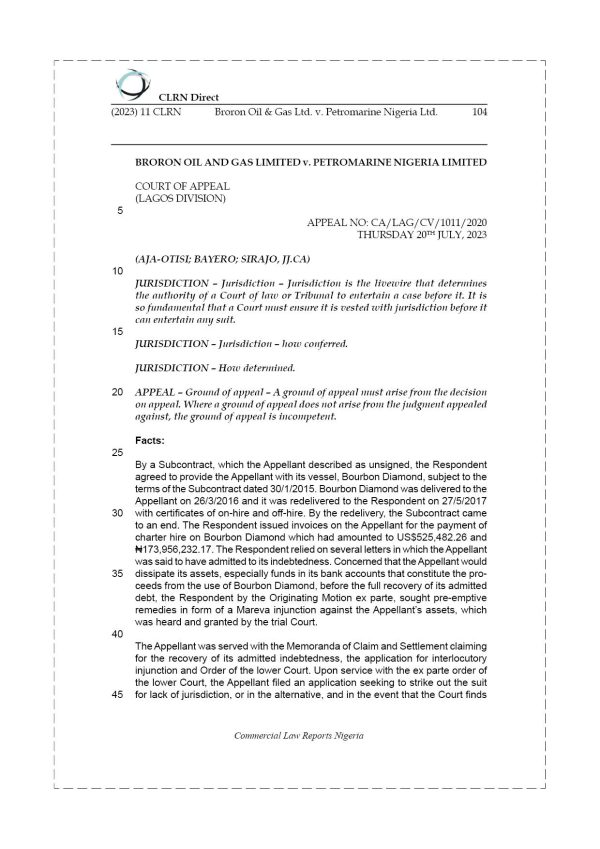 BRORON OIL & GAS LTD. v. PETROMARINE NIGERIA LTD.