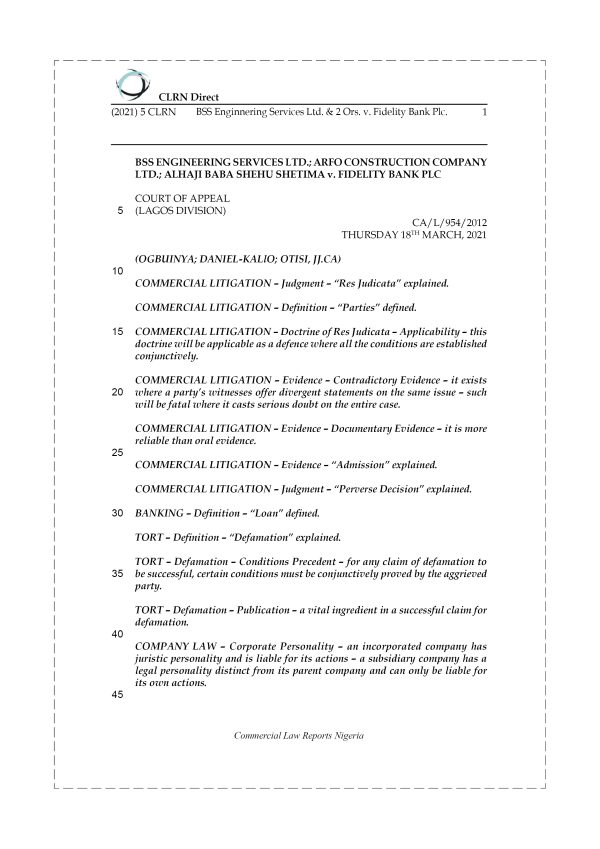 BSS ENGINEERING SERVICES LTD. & 2 ORS. v. FIDELITY BANK PLC