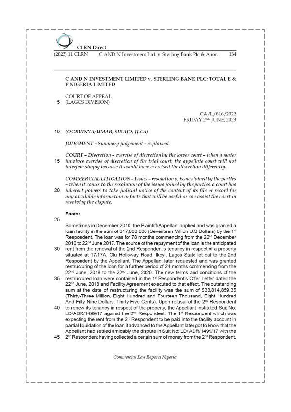 C AND N INVESTMENT LTD. v. STERLING BANK PLC & ANOR.