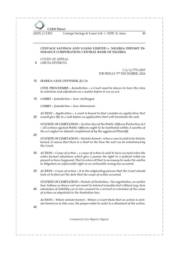 CENTAGE SAVINGS AND LOANS LTD. v. NDIC & ANOR