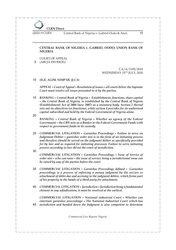 CENTRAL BANK OF NIGERIA v. GABRIEL OODO & ANOR.