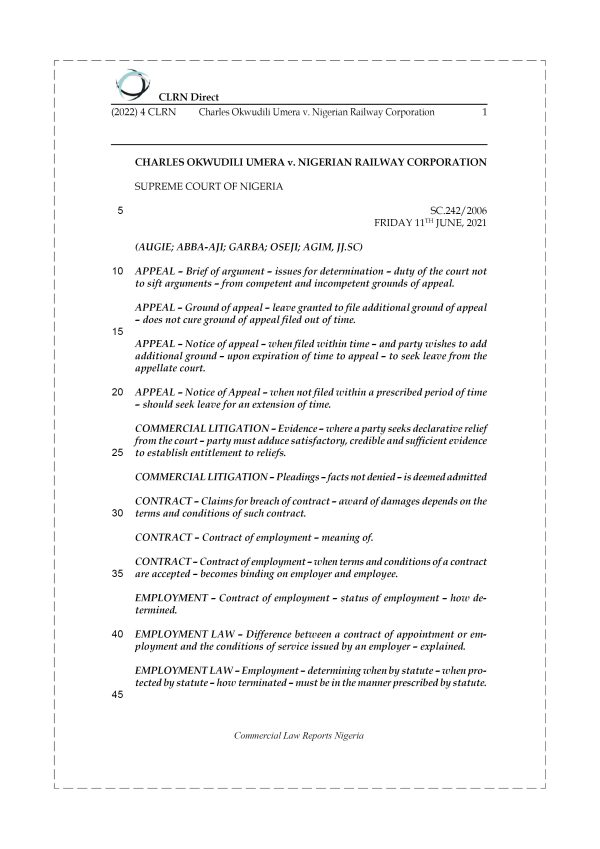 CHARLES OKWUDILI UMERA v. NIGERIAN RAILWAY CORPORATION