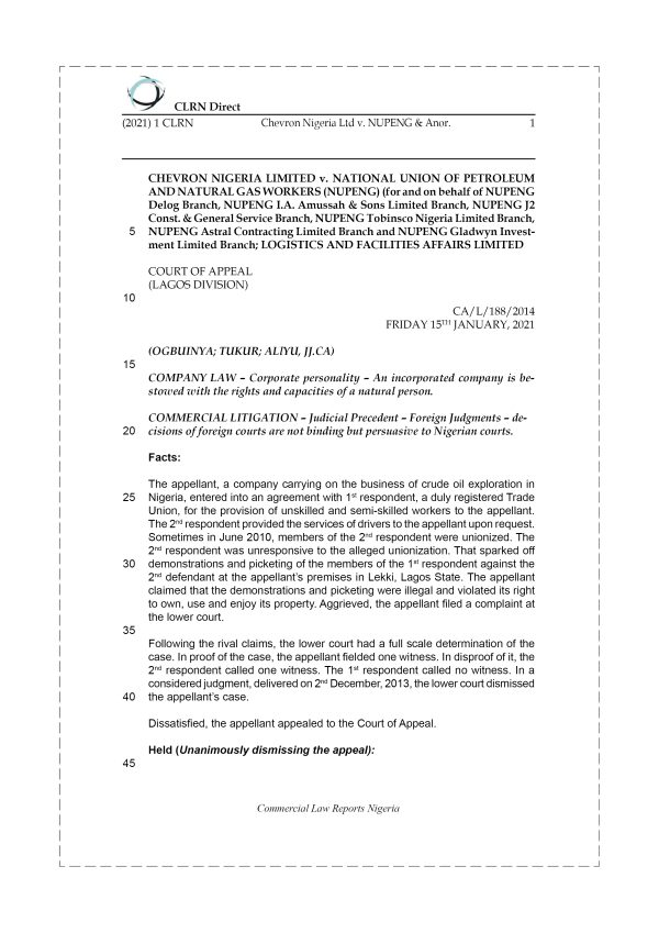 CHEVRON NIGERIA LTD v. NUPENG & ANOR.