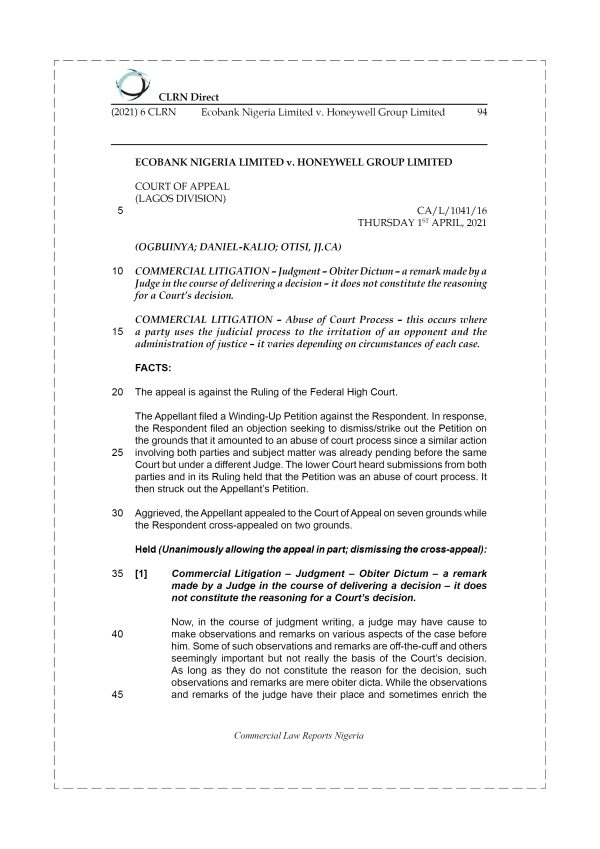 ECOBANK NIGERIA LIMITED v. HONEYWELL GROUP LIMITED