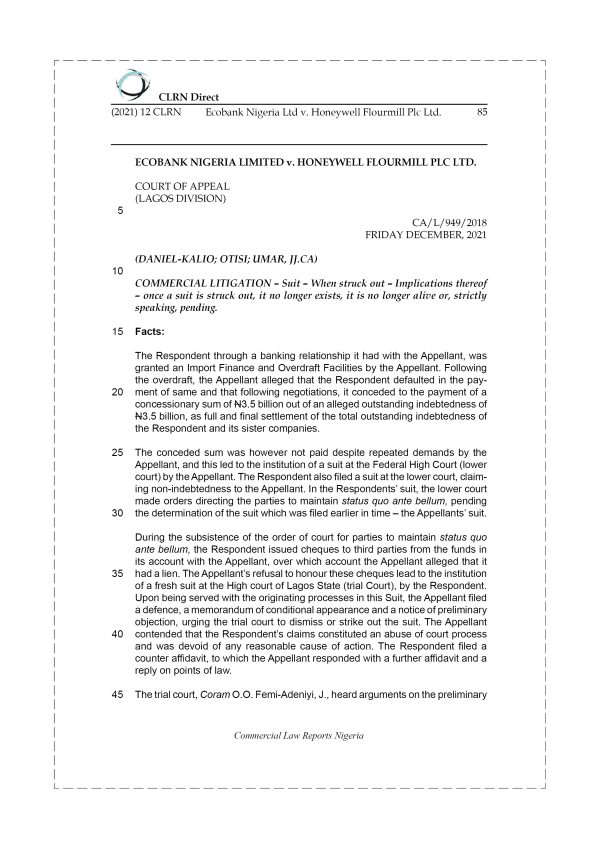 ECOBANK NIGERIA LTD. v. HONEYWELL FLOURMILL PLC LTD.