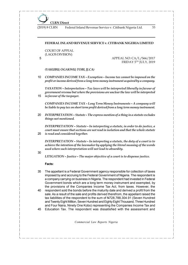 FEDERAL INLAND REVENUE SERVICE v. CITIBANK NIGERIA LTD.