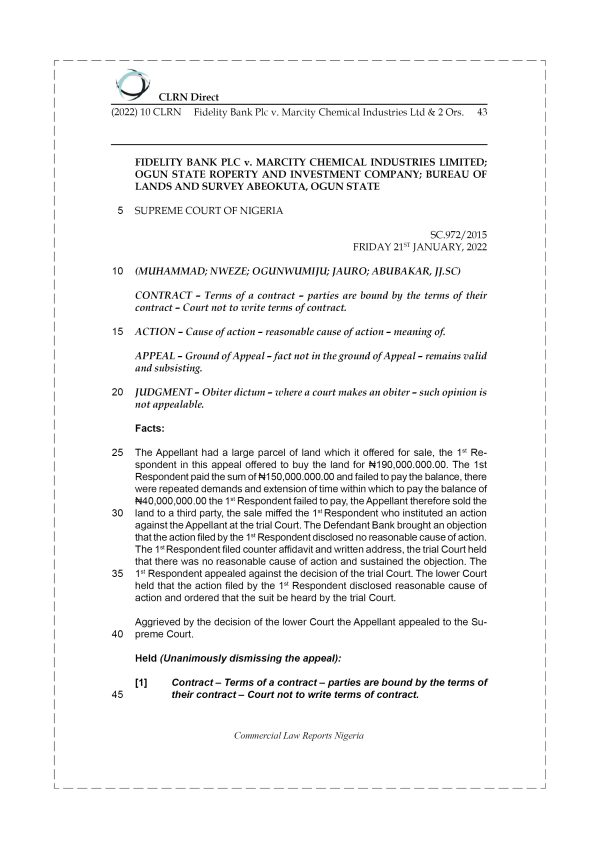 FIDELITY BANK PLC v. MARCITY CHEMICAL INDUSTRIES LTD & 2 ORS.