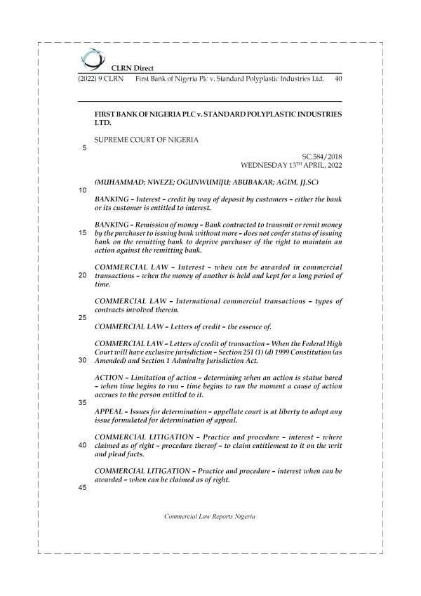 FIRST BANK OF NIGERIA PLC v. STANDARD POLYPLASTIC INDUSTRIES LTD.