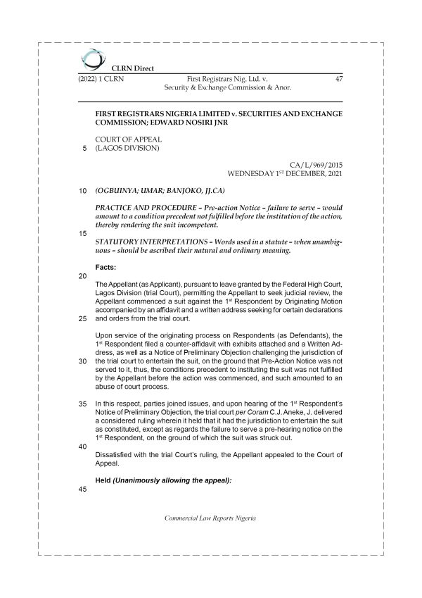 FIRST REGISTRARS NIG. LTD. v. SECURITY & EXCHANGE COMMISSION & ANOR.