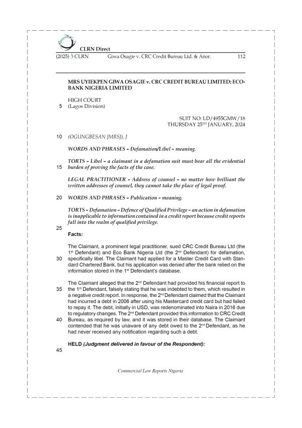 GIWA OSAGIE v. CRC CREDIT BUREAU LTD. & ANOR