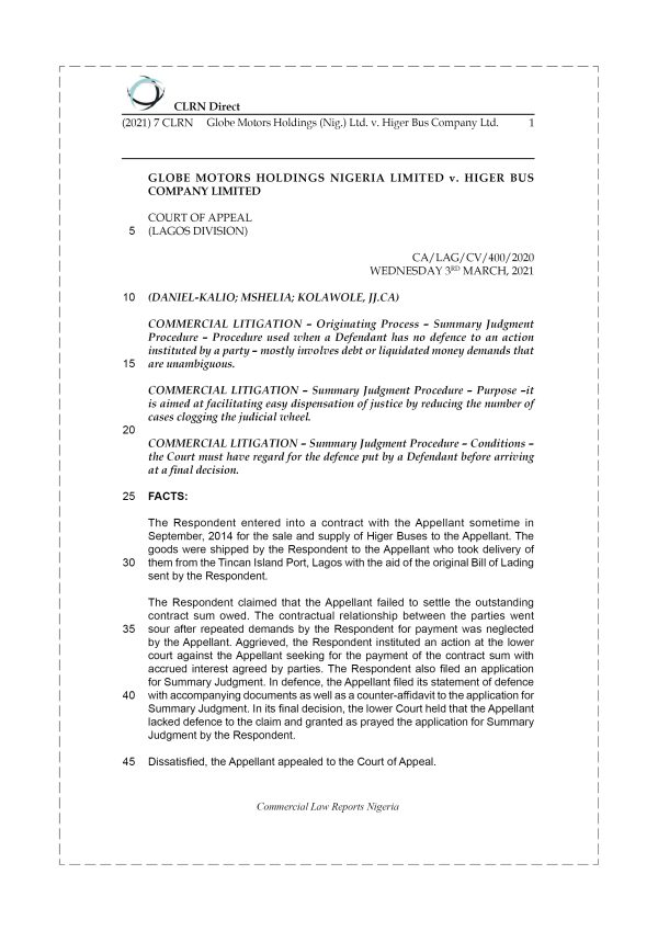 GLOBE MOTORS HOLDINGS (NIG.) LTD. v. HIGER BUS COMPANY LTD.