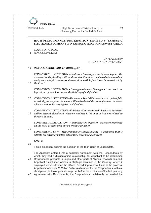 HIGH PERFORMANCE DISTRIBUTION LTD. v. SAMSUNG ELECTRONICS CO. LTD & ANOR.
