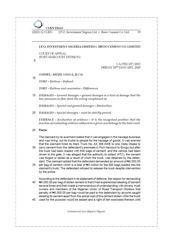 J.P.O. INVESTMENT NIGERIA LTD. v. IBETO CEMENT CO. LTD.