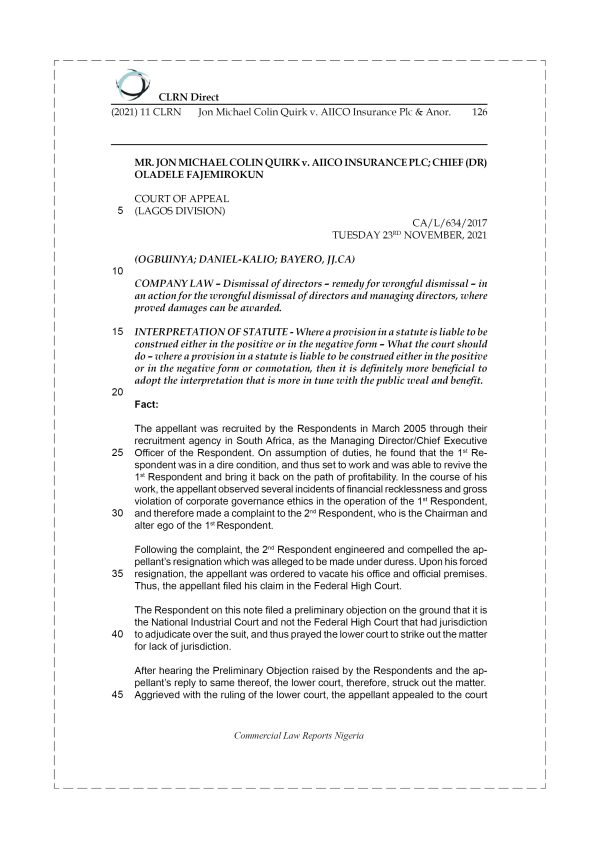 JON MICHAEL COLIN QUIRK v. AIICO INSURANCE PLC & ANOR.