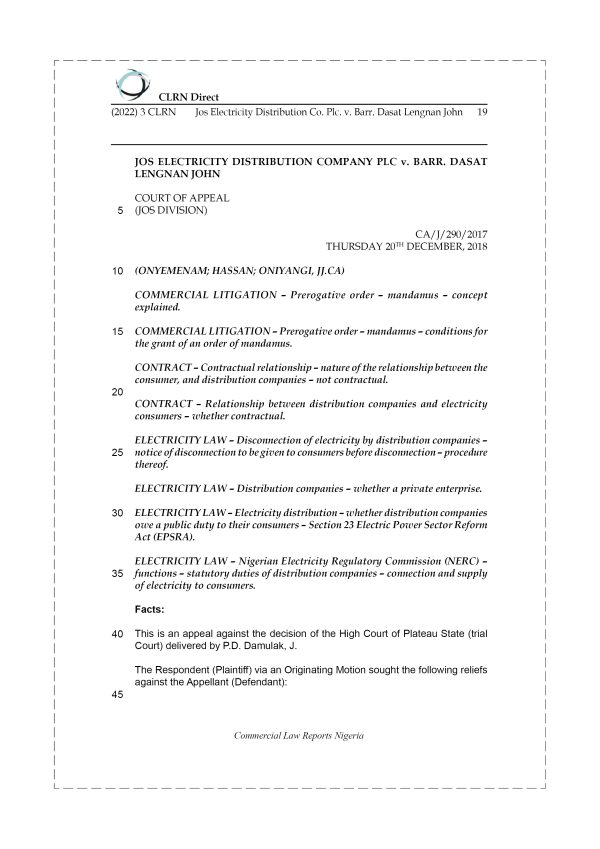 JOS ELECTRICITY DISTRIBUTION CO. PLC v. BARR. DASAT LENGNAN JOHN