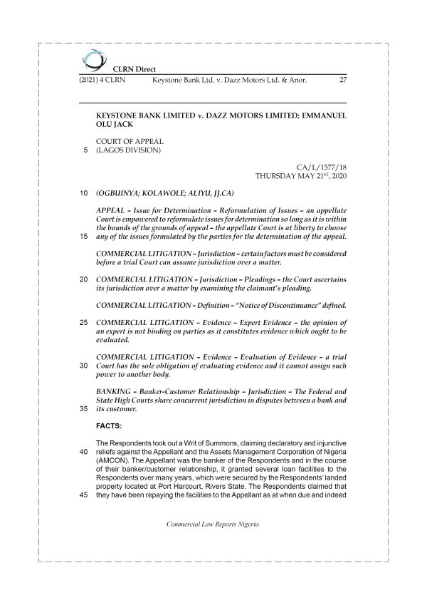 KEYSTONE BANK LTD. v. DAZZ MOTORS LTD. & ANOR.