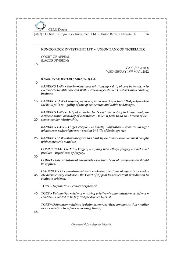 KUNGO ROCK INVESTMENT LTD. v. UNION BANK OF NIGERIA PLC.