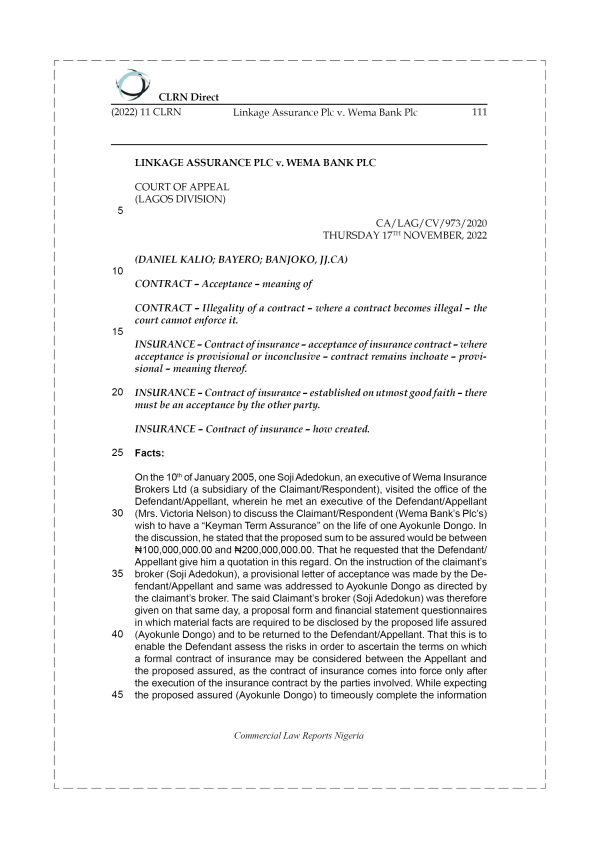 LINKAGE ASSURANCE PLC v. WEMA BANK PLC