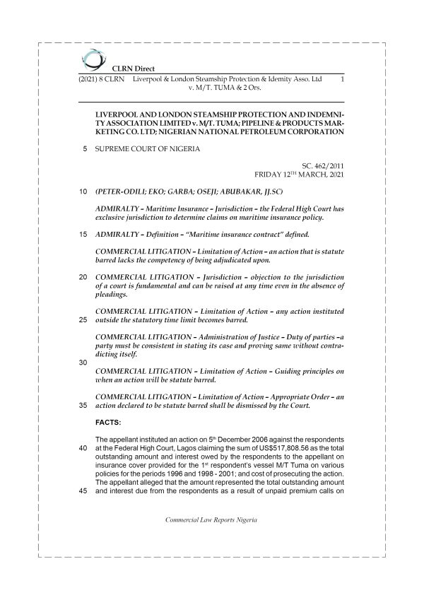 LIVERPOOL AND LONDON STEAMSHIP PROTECTION AND INDEMNITY ASSO. LTD v. M.T. TUMA & 2 ORS.