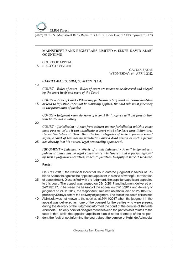 MAINSTREET BANK REGISTRARS LTD. v. ELDER DAVID ALABI OGUNDIMU
