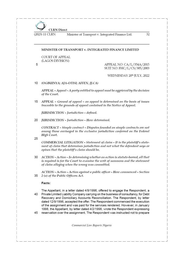 MINISTER OF TRANSPORT v. INTEGRATED FINANCE LTD.