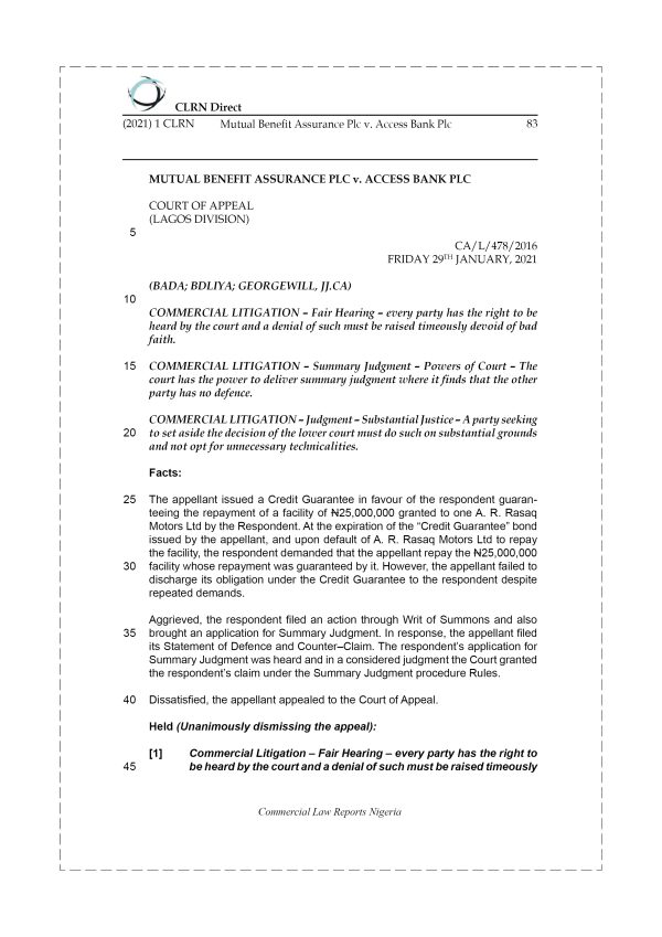 MUTUAL BENEFIT ASSURANCE PLC v. ACCESS BANK PLC