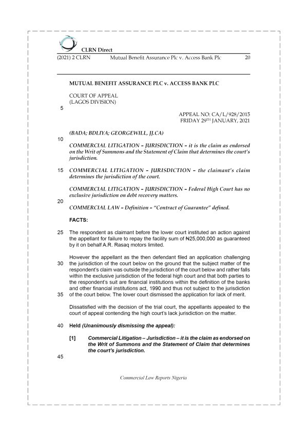 MUTUAL BENEFIT ASSURANCE PLC v. ACCESS BANK PLC