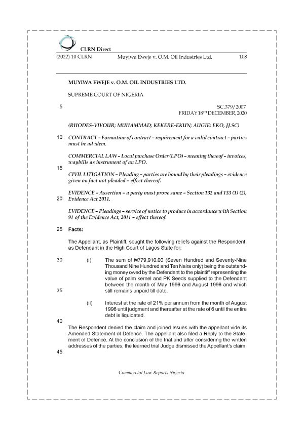 MUYIWA EWEJE v. O.M. OIL INDUSTRIES LTD.
