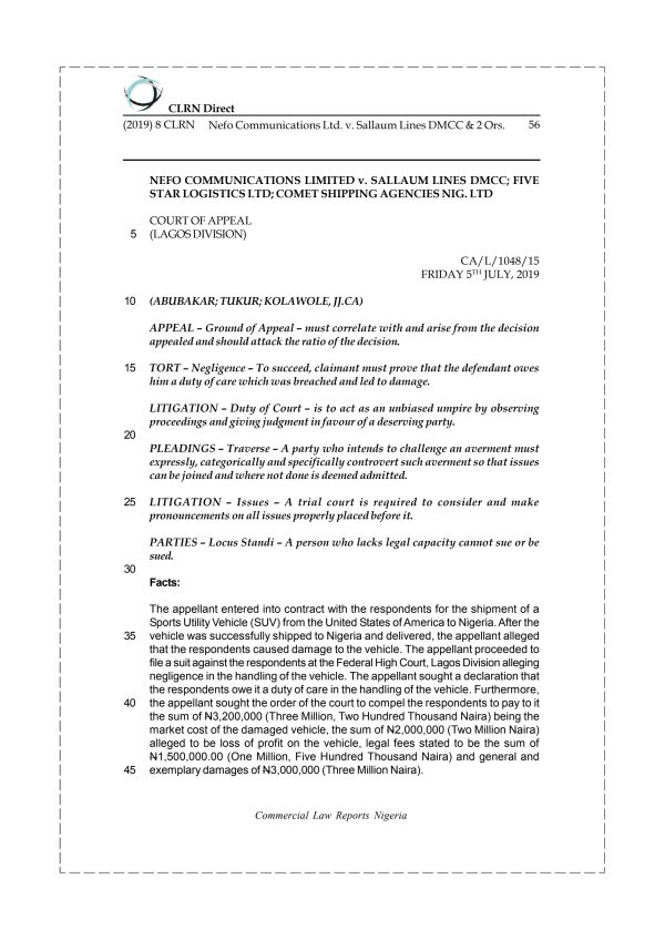 NEFO COMMUNICATIONS LTD. v. SALLAUM LINES DMCC & 2 ORS.