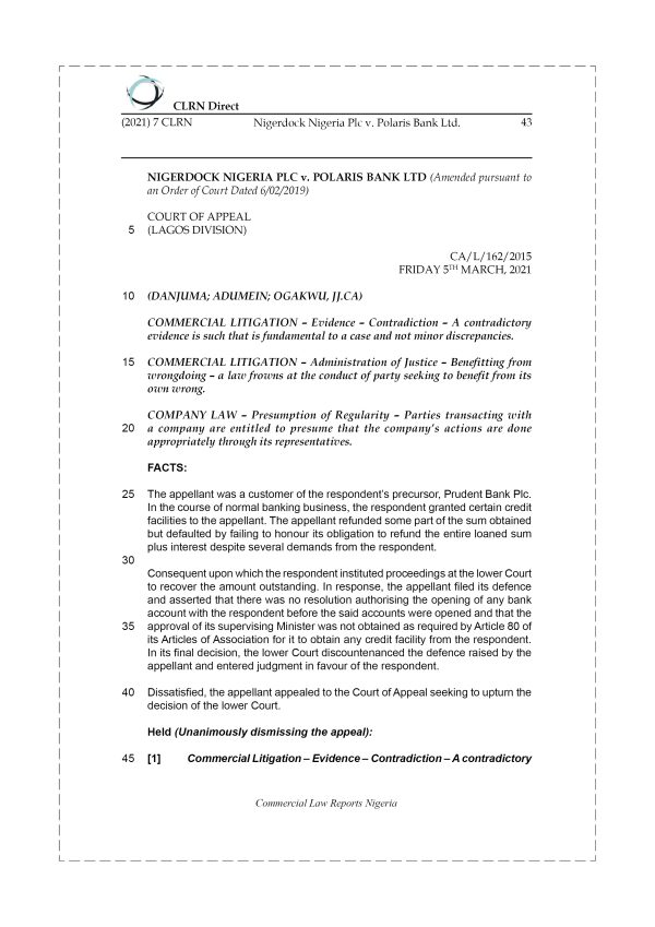 NIGERDOCK NIGERIA PLC v. POLARIS BANK LTD.