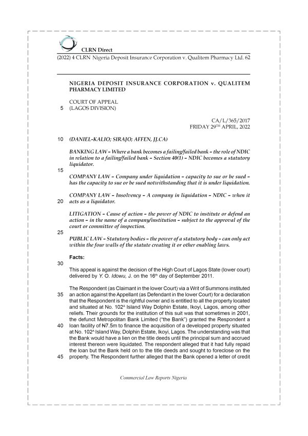 NIGERIA DEPOSIT INSURANCE CORPORATION v. QUALITEM PHARMACY LTD.