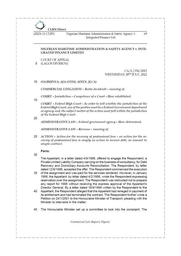NIGERIAN MARITIME ADMINISTRATION & SAFETY AGENCY v. INTEGRATED FINANCE LTD.