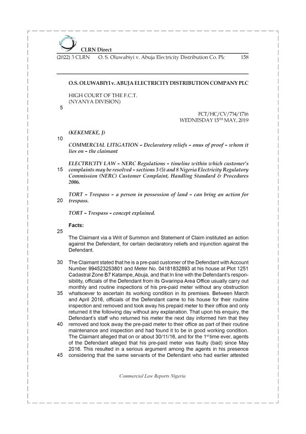 O.S. OLUWABIYI v. ABUJA ELECTRICITY DISTRIBUTION COMPANY PLC