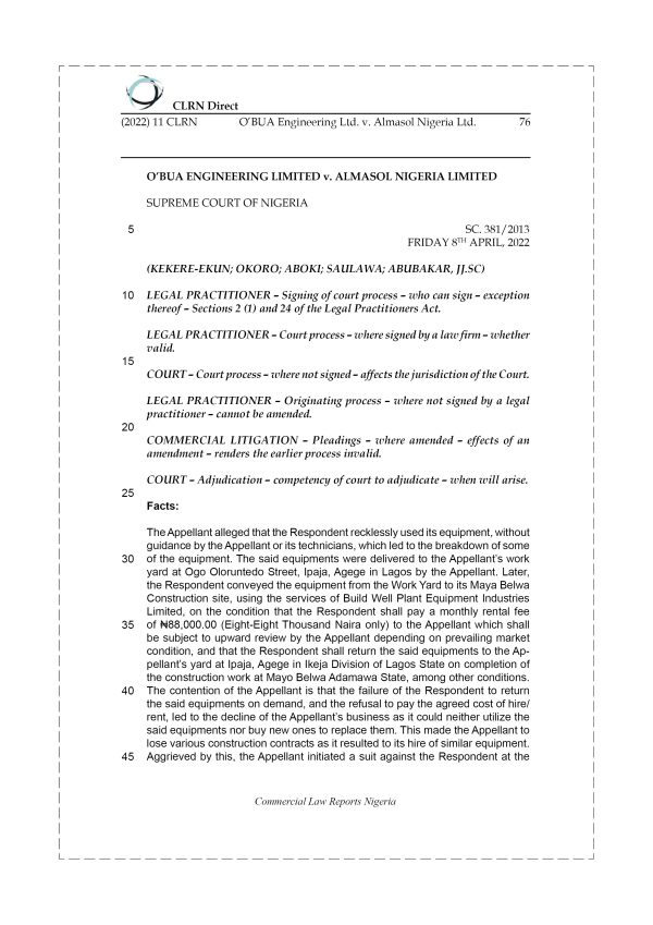 O'BAU ENGINEERING LTD. v. ALMASOL NIGERIA LTD.