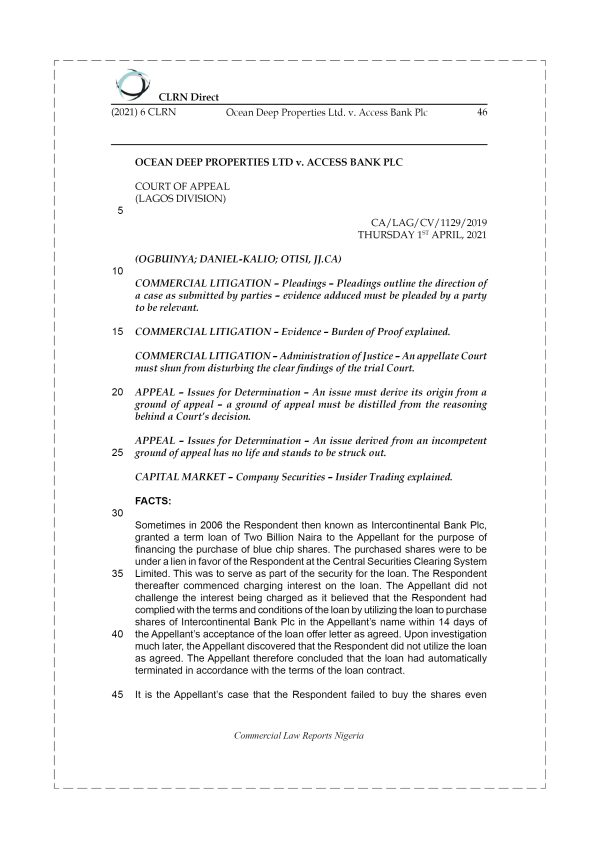 OCEAN DEEP PROPERTIES LTD. v. ACCESS BANK PLC