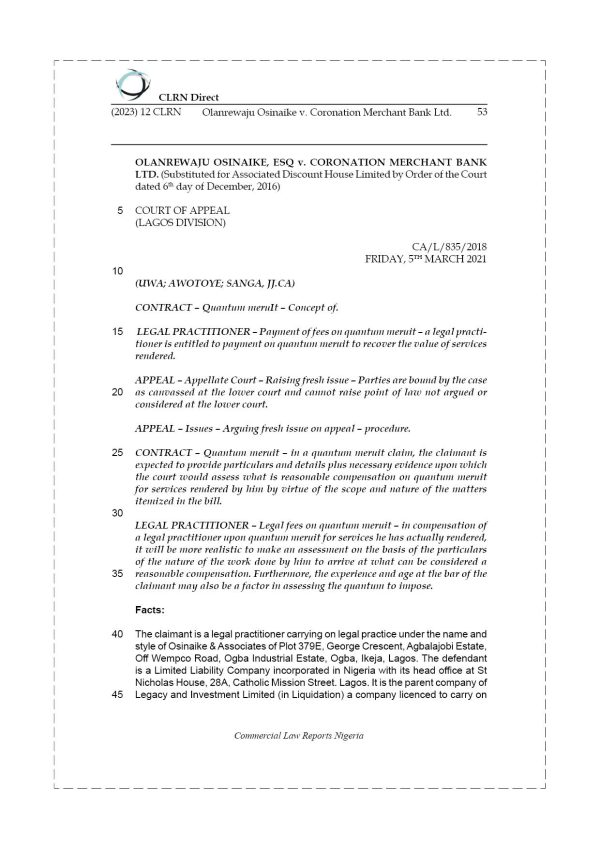 OLANREWAJU OSINAIKE v. CORONATION MERCHANT BANK LTD.