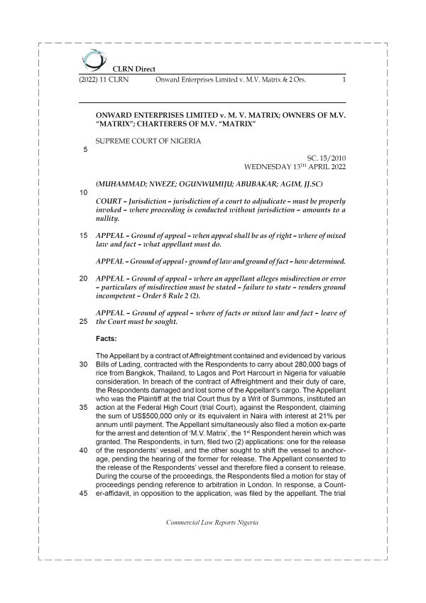 ONWARD ENTERPRISES LTD. v. M.V. MATRIX & 2 ORS.