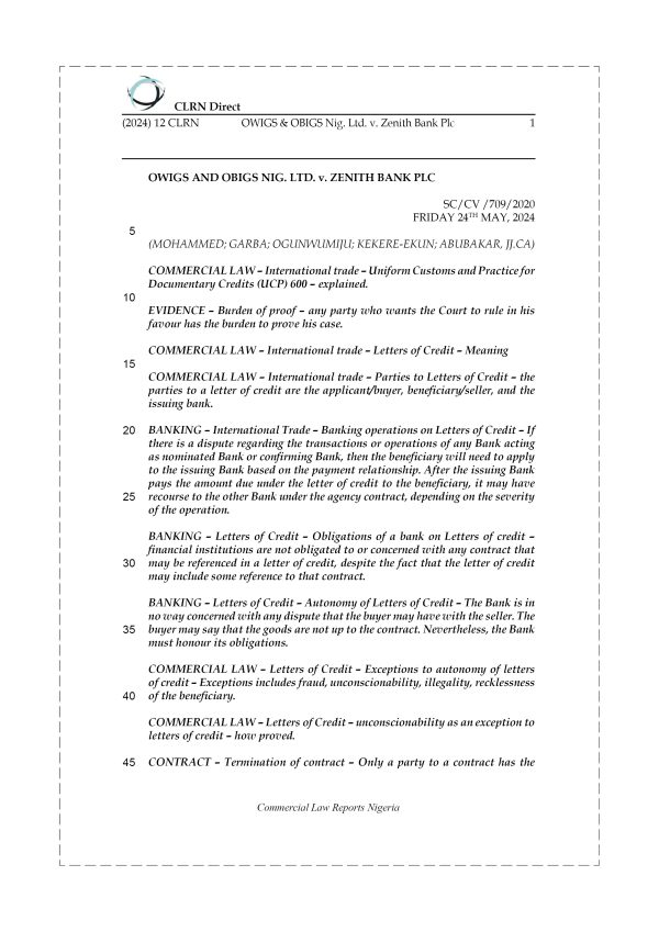 OWIGS AND OBIGS NIG. LTD. v. ZENITH BANK PLC