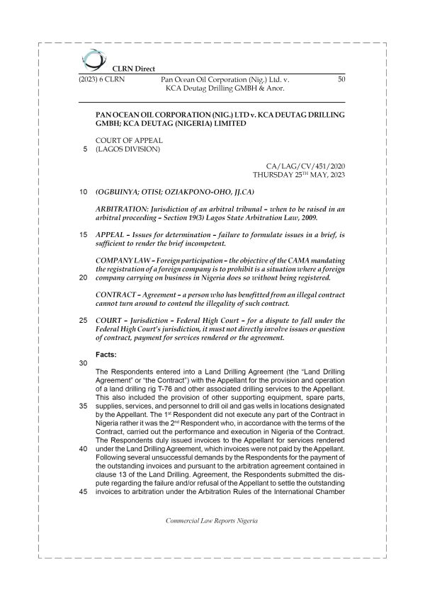 PAN OCEAN OIL CORPORATION (NIG.) LTD v. KCA DEUTAG DRILLING GMBH & NIG. LTD.