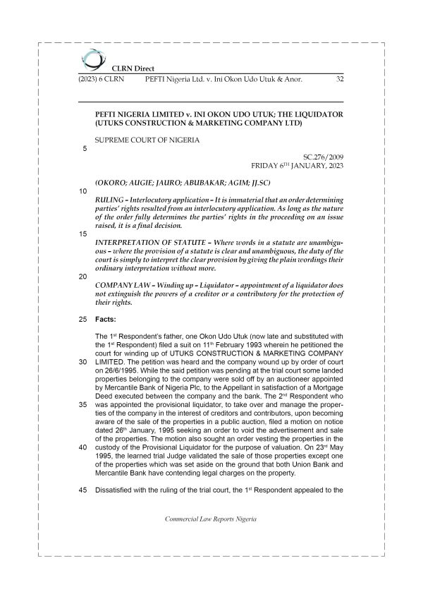 PEFTI NIGERIA LIMITED v. INI OKON UDO UTUK & ANOR.