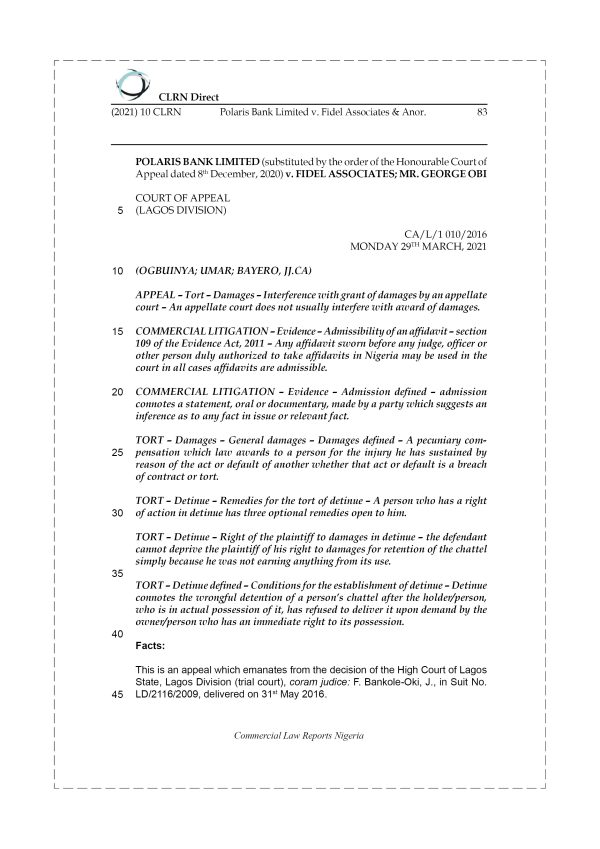 POLARIS BANK LIMITED v. FIDEL ASSOCIATES & ANOR.