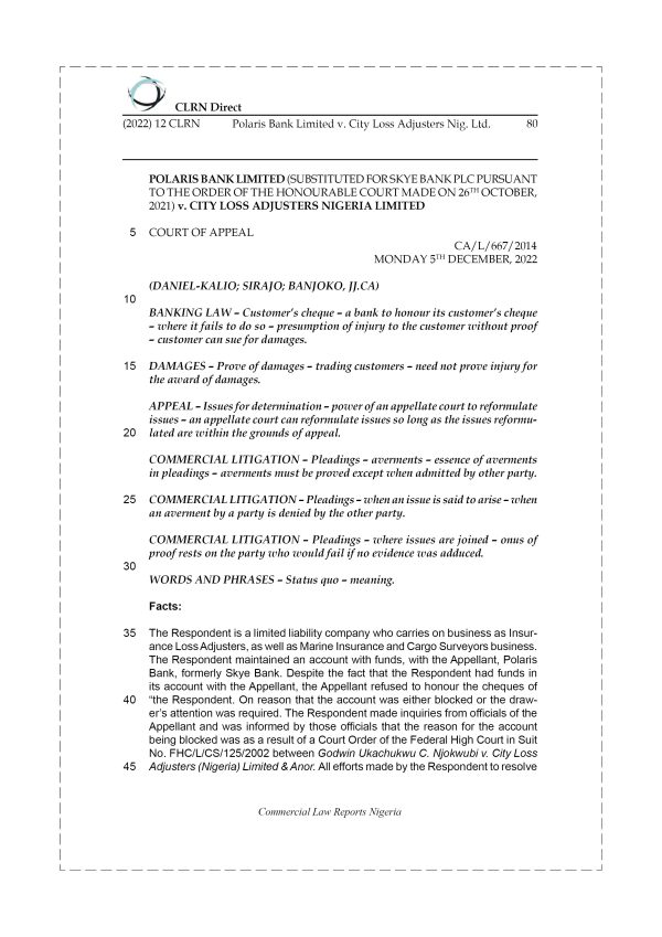 POLARIS BANK LTD. v. CITY LOSS ADJUSTERS NIG. LTD.