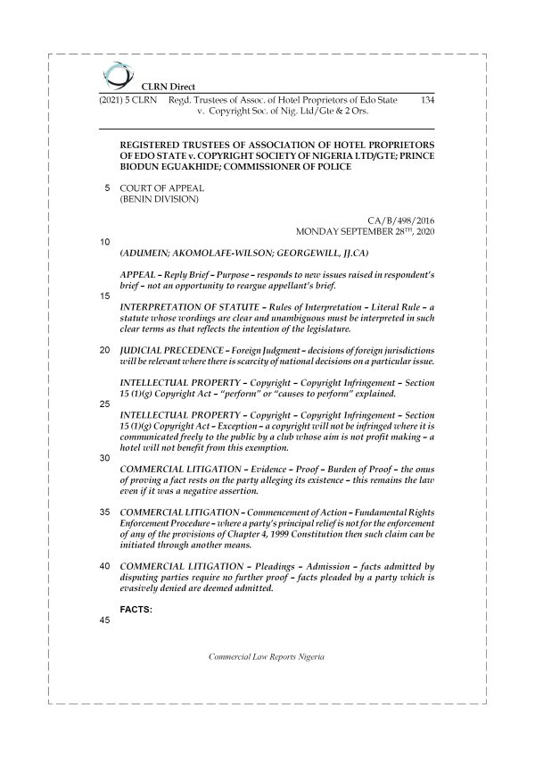 REGD. TRUSTEES OF ASSOCIATION OF HOTEL PROPRIETORS OF EDO STATE v. COPYRIGHT SOCIETY OF NIG. LTD. GTE & 2 ORS.